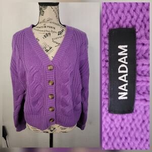 Naadam Crop Cardigan SZ M Cable Knit Wool Cashmere Irish Purple Boxy Crochet